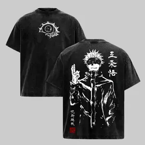 Gojo Satoru Tee Washed – Jujutsu Kaisen: Execution Shibuya Incident Compilation & Culling Game Prelude Vintage Oversized Heavy Cotton Anime Manga T-Shirt, Double Printed Retro Unisex Streetwear Graphic Top, Japanese Anime Merch for Sorcerer Fans