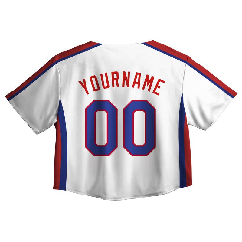 Puerto Rico Baseball Jersey Crop Top – Personalized Name & Number, White Button Up Jersey with Red Blue Stripes and Flag Patch
