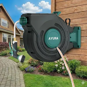 AYURA Retractable Garden Hose Reel, extends up to 100 ft, equipped with 8 spray pattern nozzle, 180° rotating wall mount, any length lock, and automatic rewind.