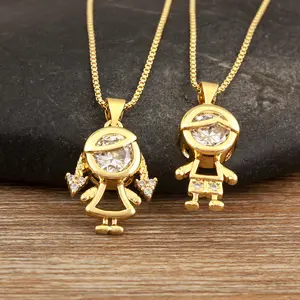 18k plated copper 3D boy and girl pendant necklace, simple micro-inlaid zircon necklace