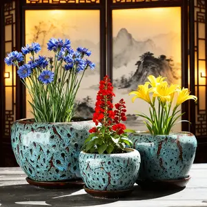3-pcs Light-Gloss Peacock Glaze Ceramic Light-Glazed Planter Set Luminous Home Decor Pots with Sheer Enamel Finish for Elegant Plant Displays indoor outdoor planter