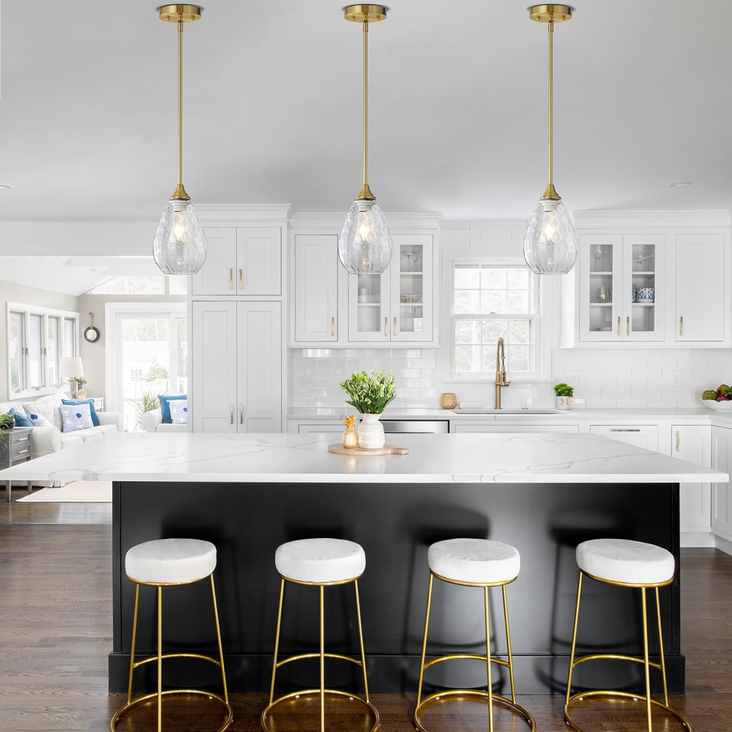 Glass Pendant Lights Kitchen Island, 1-Light Modern Brushed Gold Fixtures with Hammered Glass & Rods Small Hanging Light for Kitchen Sink Dining Room Bathroom