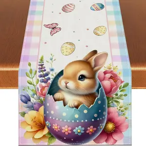 1pc,  Happy Easter Table Runner Durable Bunny Rabbit Watercolor Easter Eggs Flower Tablecloth Easter Spring Summer Party Decorations and Supplies for Home Kitchen Table