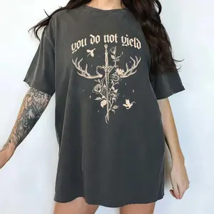 Vintage Washed Oversized Graphic Tee, You Do Not Yield Sword Antler T-Shirt, Retro Gothic Fantasy Short Sleeve Top for Women, Trendy Empowering Aesthetic Statement Shirt, Comfort Colors Style Apparel, Perfect Gift for Strong Women, Daily Outfit
