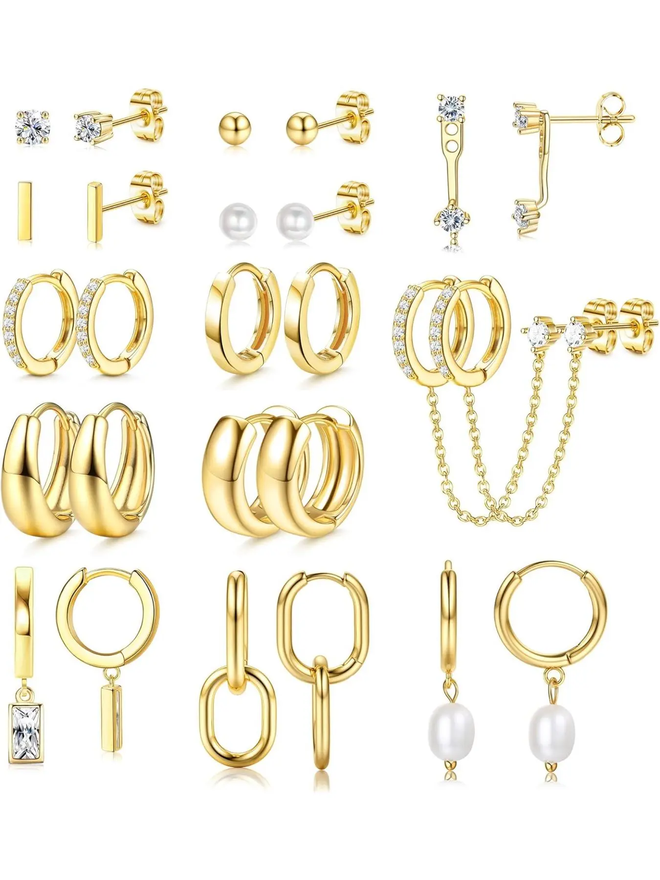 13 Pairs Small Hoop Earrings Set for Women, Gold-Plated Lightweight Hypoallergenic Huggie Hoops with Artificial Pearl Studs & Ear Cuffs, Dainty Trendy Jewelry