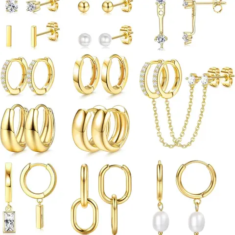 13 Pairs Small Hoop Earrings Set for Women, Gold-Plated Lightweight Hypoallergenic Huggie Hoops with Artificial Pearl Studs & Ear Cuffs, Dainty Trendy Jewelry, Earring Pack
