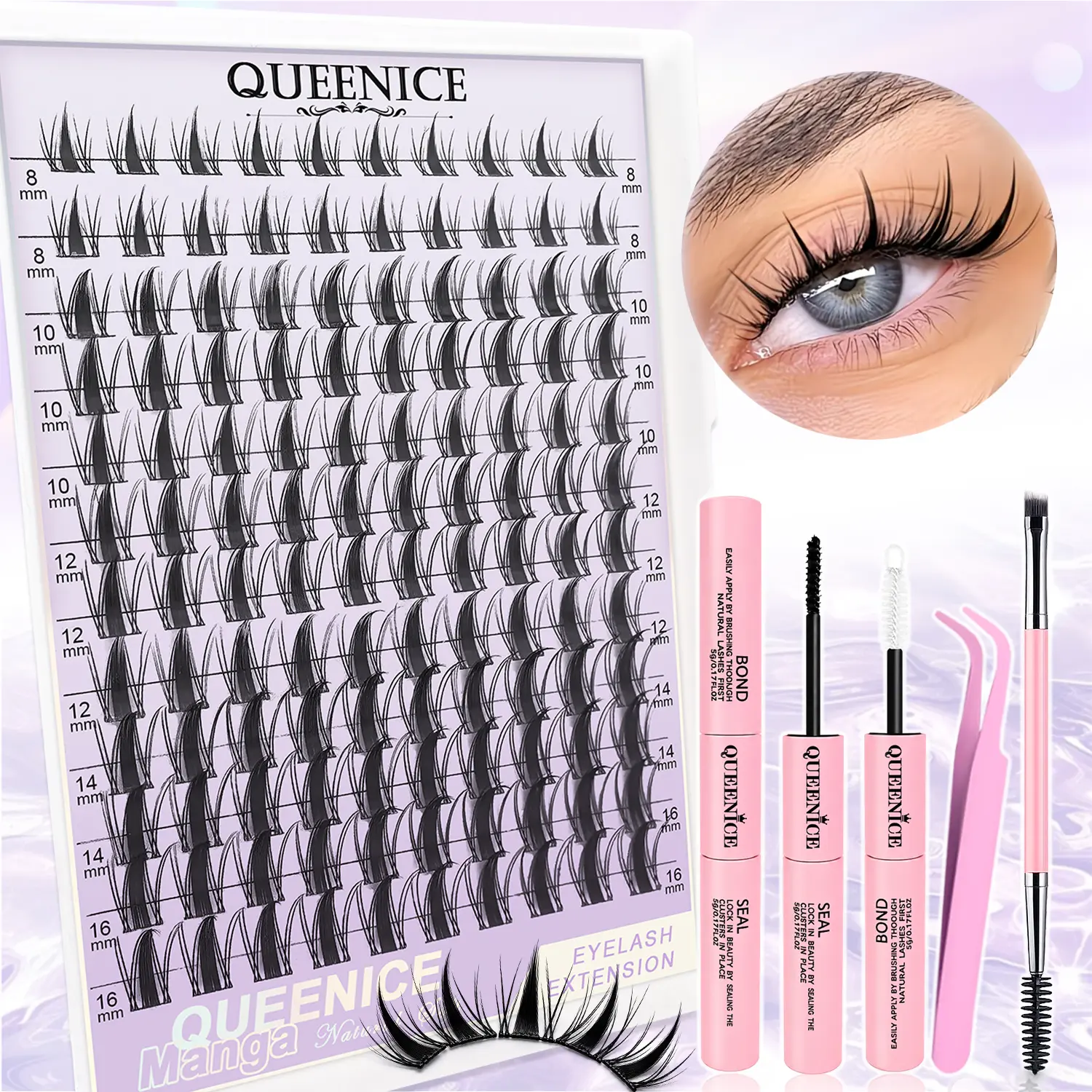DIY Lash Extension at Home Beginner-Friendly Manga Lashes, 144pcs Eyelash Clusters with 0.7mm Ultra-thin band & Wet Look, Salon Look for Daily Work & Parties(Mixed 8-18mm)