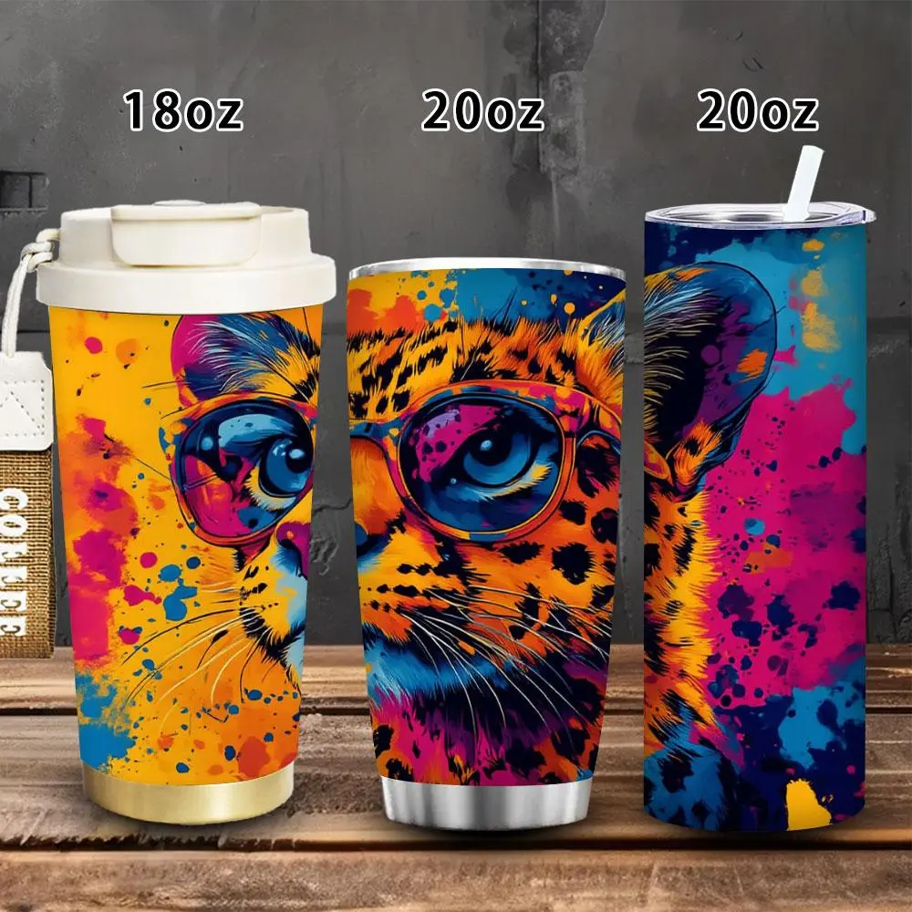 Women's Novelty Insulated Vacuum Flask Tumbler - 1pc 18oz/20oz Portable Vibrant Abstract Leopard-with-Sunglasses Travel Mug with Lid & Straw, Gift-Ready for Birthday/Easter, Ideal for Adults' Iced/Hot Coffee