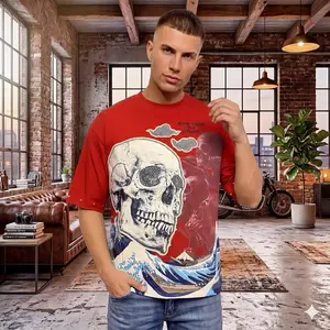 PJ Mark Rhinestones French Terry Crop Tee Shirt with Unique Skull Design and Red Color