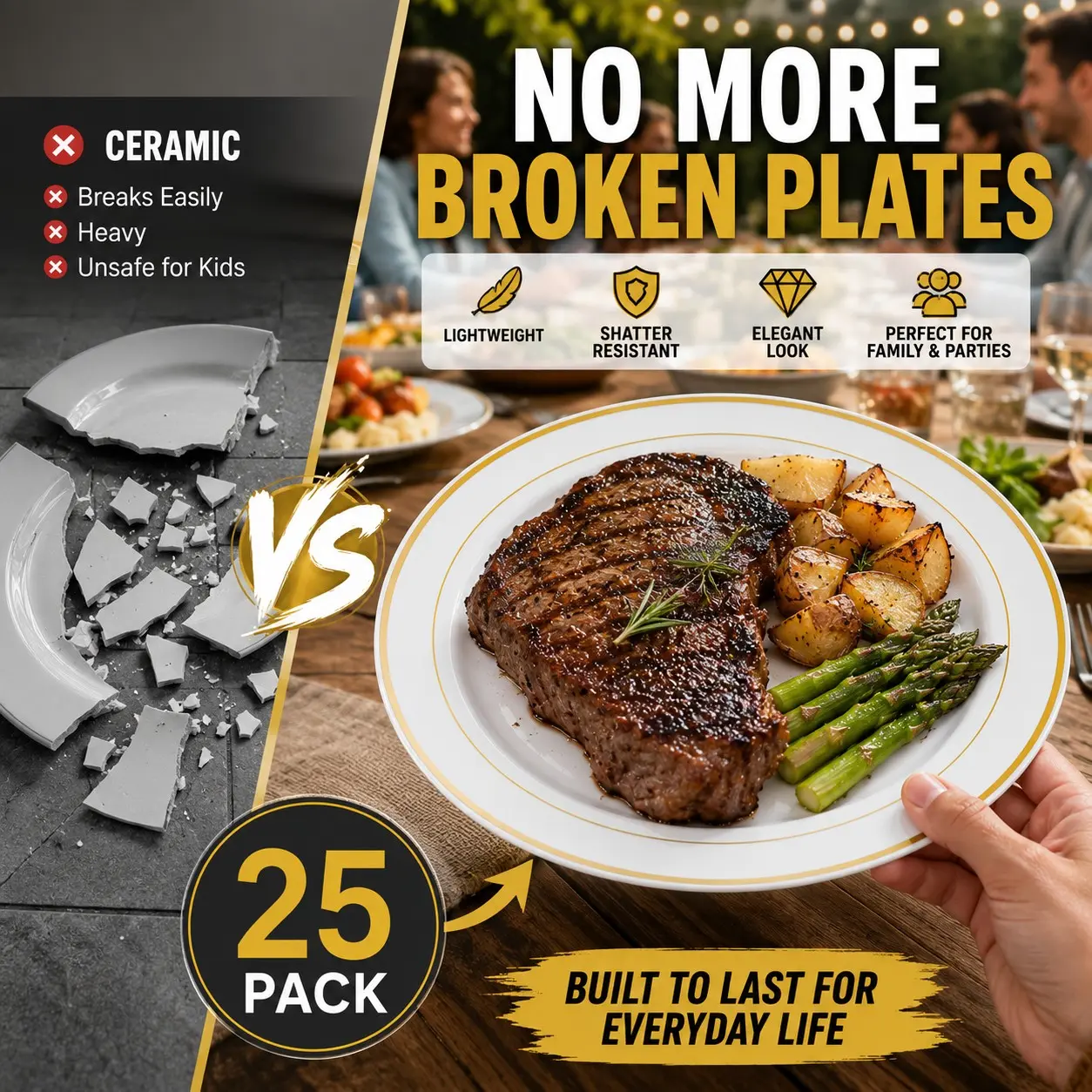 25-Pack Gold Rim Plastic Plates | Lightweight & Shatter Resistant Dinnerware