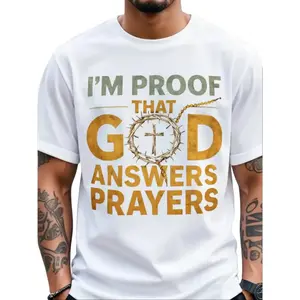 Men's Distressed Loose Christian "God Answers Prayers" Tshirt, Unisex Vintage Streetwear Graphic Tee, Comfy Cotton Short-Sleeve Faith Top with Sage Print