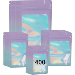 400 Pack 4 Sizes Resealable Mylar Holographic Bags  Storage Smell Proof Bags with Front Window Foil Packaging Pouch for Sample  Small Business (Pink to Blue,3x4.7,3.1x5.5,4x 6,4.7x 7.9in)