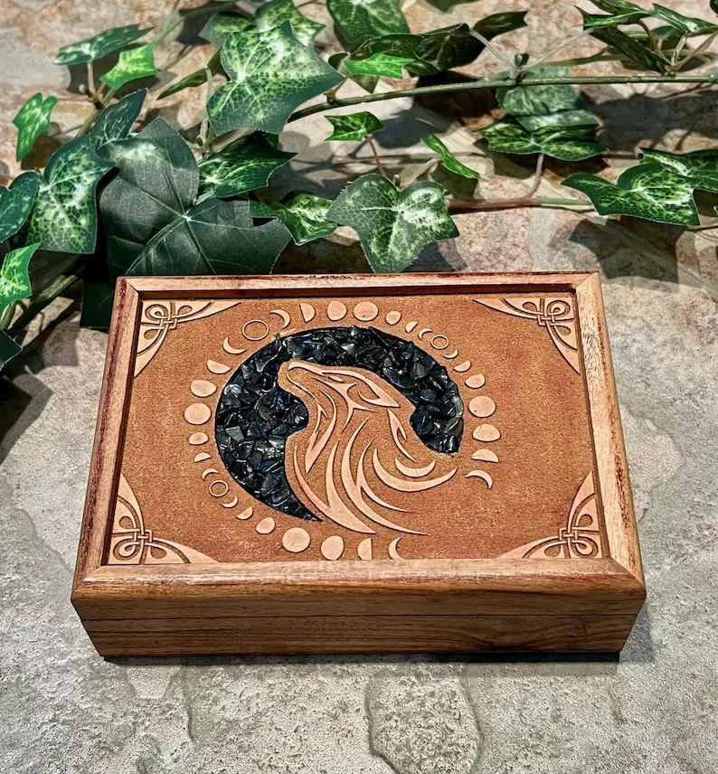 Wolf Wooden Box with Black Onyx Inlay