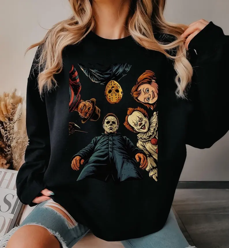Retro Halloween Horror Movie Sweatshirt,Scary Movie Characters Hoodie,Spooky Season Crewneck,Group Halloween Gift Idea,Horror Fan Outfit