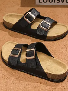 Men's Cork Sole Dual Buckle Leather Sandals, Classic Boken Style Summer Slippers, Comfortable and Stylish Footwear for Men, Soft Cork Footbed