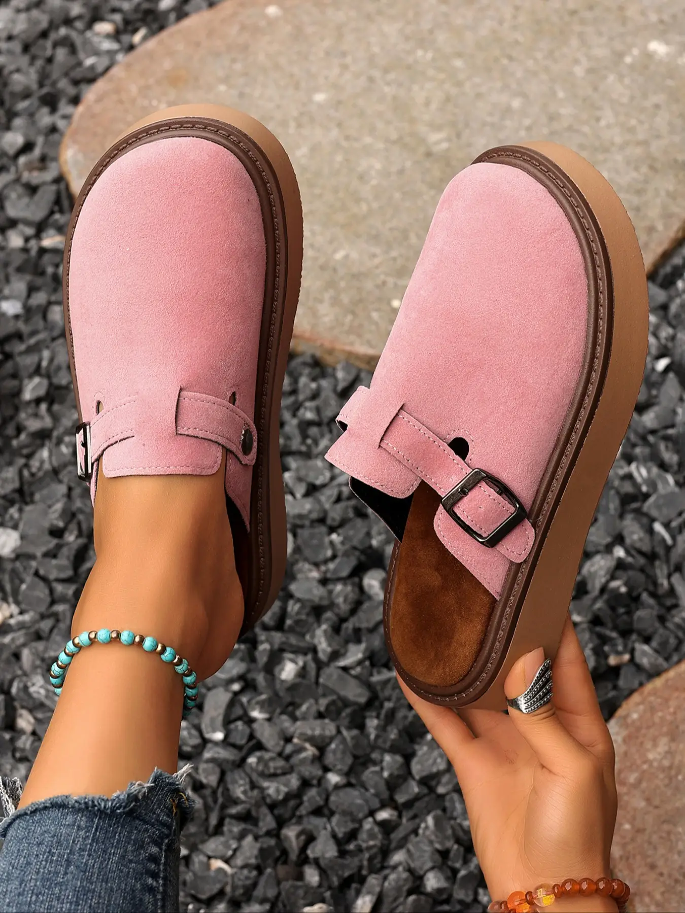 Women's Multi-Color Velvet Slip-On Shoes, Elegant Comfortable Large Size Single Button Design, Casual Fashion Slippers for Spring & Fall