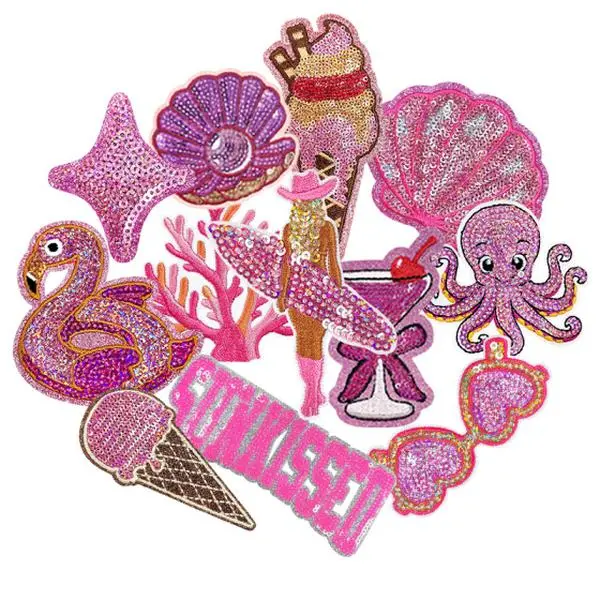 CY 12Pcs Pink Sunkissed Beach Sequin Iron On Patches Coastal Cowgirl Embroidered Appliques Seashell DIY Decor for Trucker Hats Clothing Jackets Bags