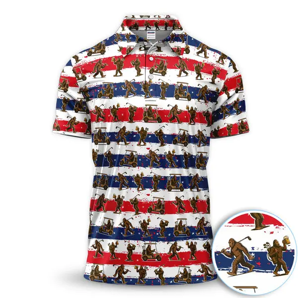 Bigfoot Beer Golf Polo Shirt for Men – Funny Sasquatch Pattern Golf Shirt, Patriotic Gift for Golf Lovers