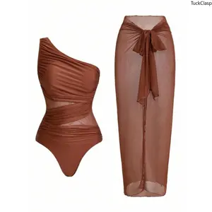 Women’s Solid Color Ruched Mesh Panel One-Piece Swimsuit with Sarong Skirt, Stylish Tummy Control Swimwear for Beach Days, Spring Break and Summer Vacation Wear