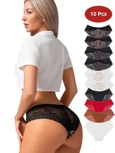 10 Pack Sexy Leopard Print Cherry Print Women's Thongs, Lace Trim Soft Ice Silk Seamless Breathable Lingerie for All Seasons