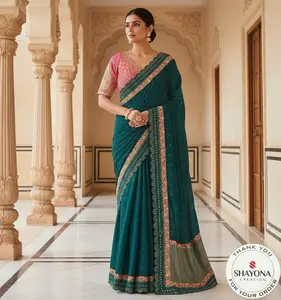 Deep Teal Georgette Saree with Scalloped Border & Rani Pink Embroidered Blouse - Fits Sizes 36-44