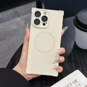 Air-cushion Shockproof Magnetic Case For iPhone 16 15 14 13 12 Pro Max Plus Glass Lens Protection Simple Magsafe Silicone Cover