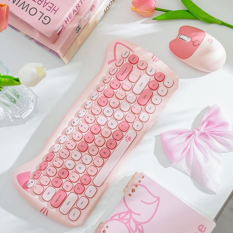 Mofii Pink Cat Keyboard and Mouse Combo, 2.4G Wireless Connection, Cute Aesthetic, Silent Office Use, Compact 2-Zone Keyboard, Universal for Desktops & Laptops, US QWERTY Layout (Batteries Not Included)