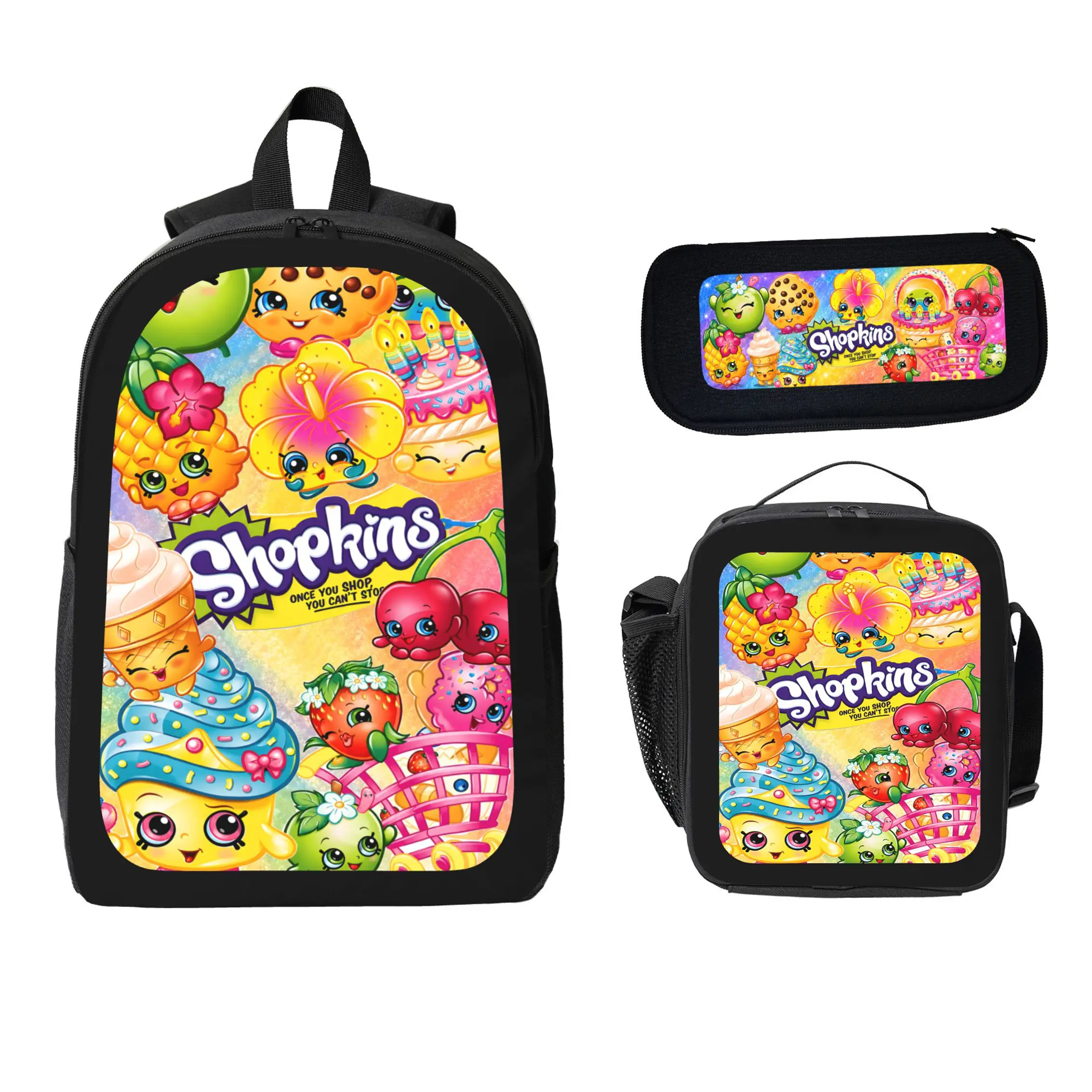 Shopkins Backpack Set 3 Piece Bookbag Lunch Bag Pencil Case Durable Polyester Lightweight Large Capacity Back To School Supplies Travel Daypack Cute Cartoon Bag For Girls Boys Kids Teens Students Viral Trendy Gift