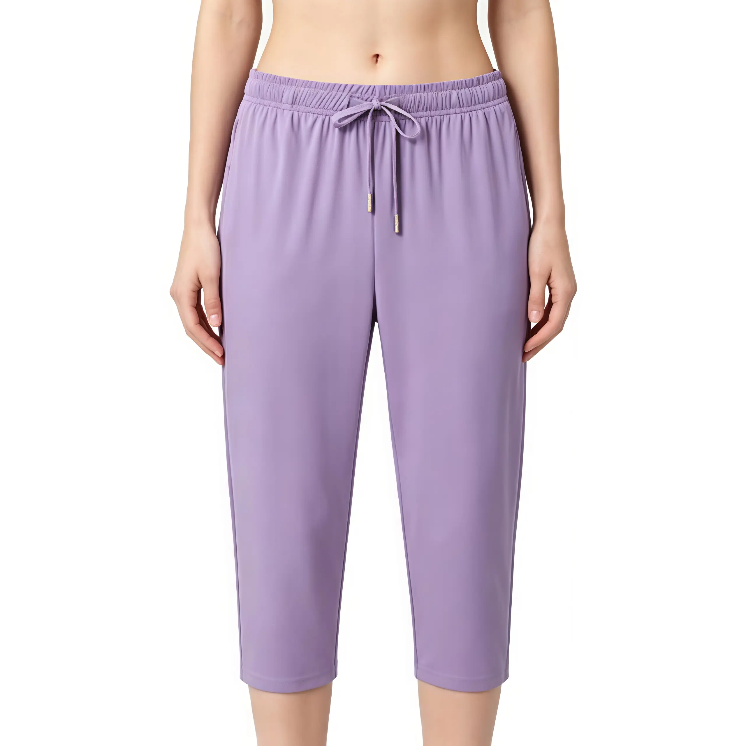 Women’s ice silk three-quarter sports casual pants — lightweight for summer, high-waisted with drawstring, breathable quick-dry, versatile yoga pants suitable for wearing outside