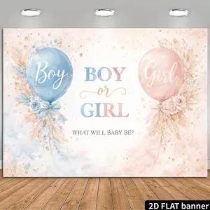 2D Flat Banner Polyester Photography Backdrop, Gender Reveal Boy or Girl Photo Background with Blue and Pink Balloons, Floral Watercolor Design, Soft Lightweight Foldable Digitally Printed for Party Decor, Photo Booth, and Event
