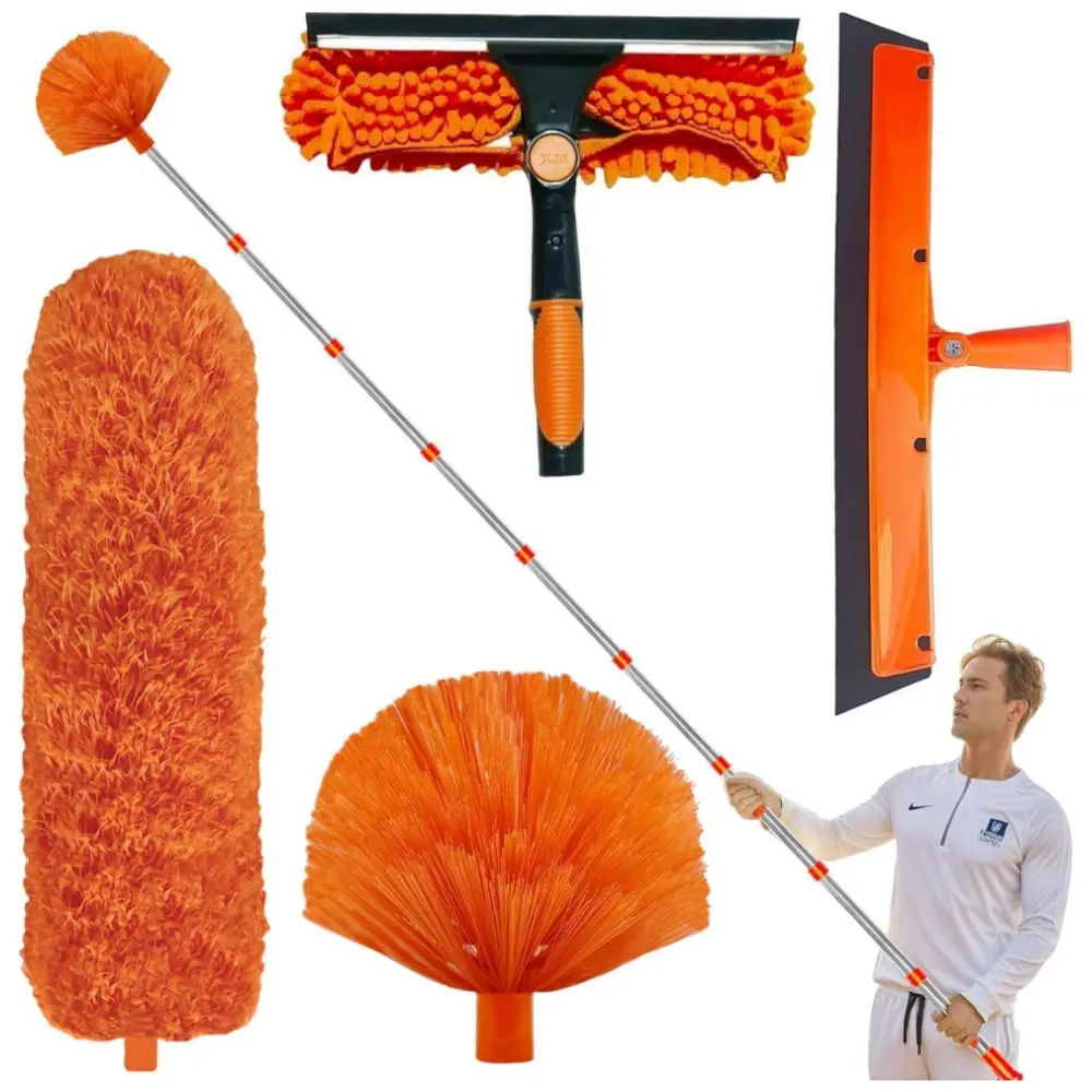 20+ Feet High Reach Duster Kit Microfiber Feather Duster Cleaner Window Cleaning Kit with Spliceable Pole for Ceiling Fan, Furniture, Home