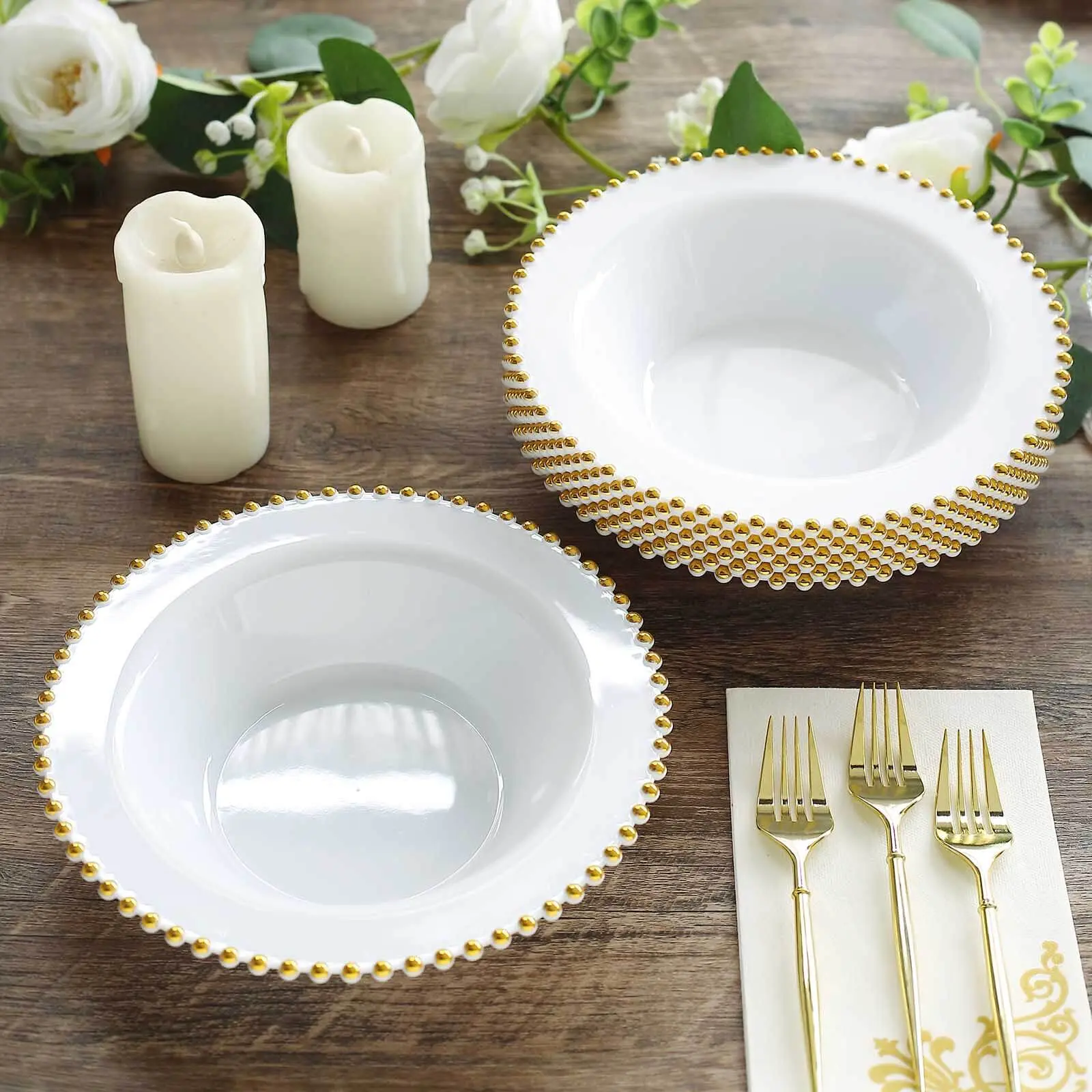 10-Pack White Plastic Soup Bowls 12oz, Gold Beaded Rim Round Design - Disposable Dessert Salad Bowls
