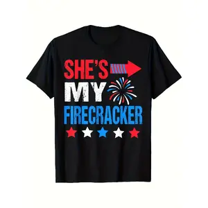 [100% Cotton] 100% Cotton Patriotic 'She's My Firecracker' Matching Couple T-Shirts Black Tees with Red, White & Blue Fireworks Design, Casual Round Neck, Perfect for 4th of July Celebrations, Same Style for Men and Wom, Funny Christmas Shirts, Mens Grap