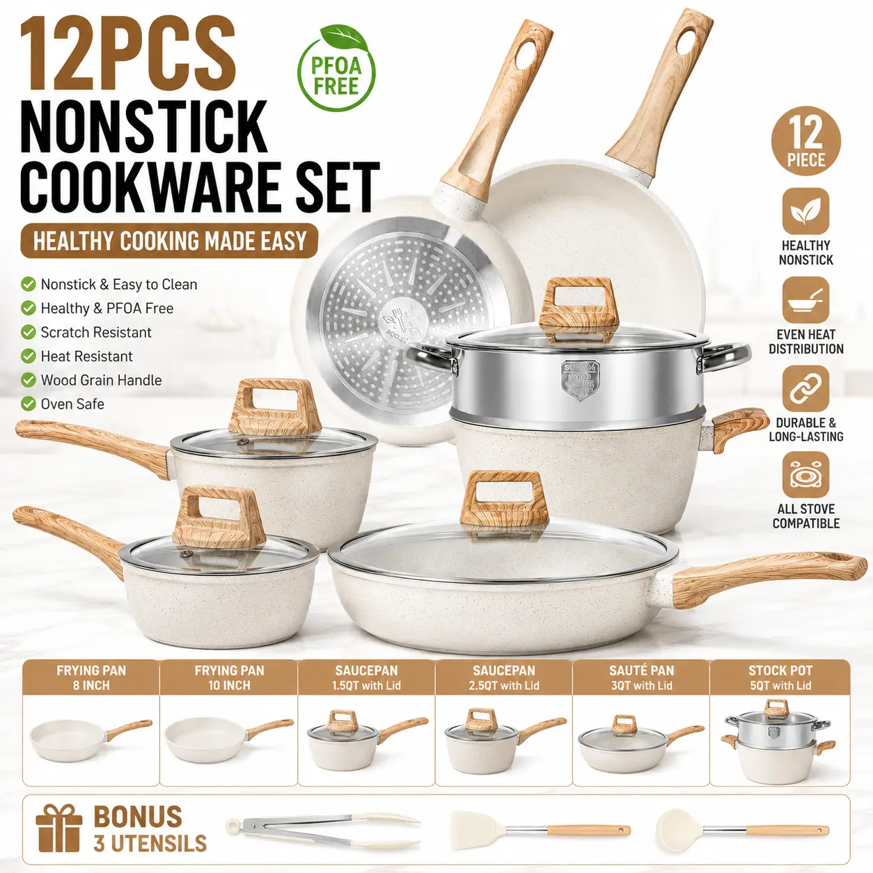 Tuseasy Pots and Pans Set Non Stick, 12Pcs Kitchen Cookware Sets Non-toxic Healthy Nonstick Kitchen Cooking Set with Frying Pans, Saucepans,Glass lid,Kitchenware,stock up on specials, Aluminium Durable Bakelite Handle , DealsForYouDays，Father's Day Gift