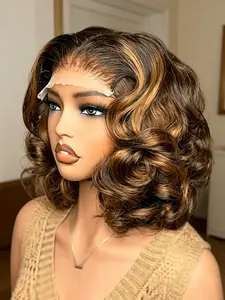 18-Inch Wavy Bob Wig, 180% Density Gradual Color Gold, Lace Front Synthetic Fiber, Daily Wear for Women, All Seasons