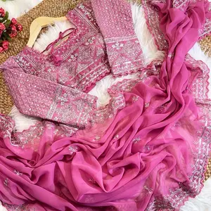 Georgette Saree with Ready Blouse - Pink Women's Wear Comfortable Top Shirts for Ladies - Womenswear