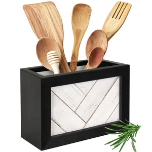 Autumn Alley Black and White Shiplap Rectangle Utensil Holder for Traditional Kitchen - Retro Wood Organiser - Wooden Farmhouse Decor Racks