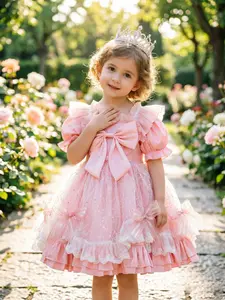Girls' Knee-Length Tutu Dress, Elegant Slim-Fit Party Gown, Bow Design, Perfect for Birthdays & Festivals, All-Season Wear