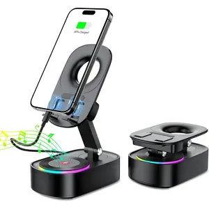 Wireless Induction Speaker,Cell Phone Stand with Wireless Bluetooth Speaker,5 in1 iPhone Holder with Colorful Light,Emergency Rechargeable Stand for Tablet iPhone Android Phone, Gifts for Men Women