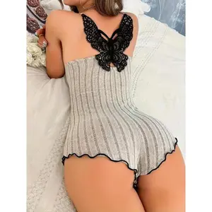 Women's Butterfly Patched Decor Backless Lettuce Trim Contrast Lace Cami Romper, Sexy Bow Decor Sleeveless Spaghetti Strap Ribbed Romper for Summer, Lady