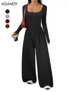 ASANDY Women's Square Neck Ruched Jumpsuit Long Sleeve Wide Leg One-Piece Y2K Casual Streetwear Home Wear with Deep V-Neck Mesh & Sequin Details