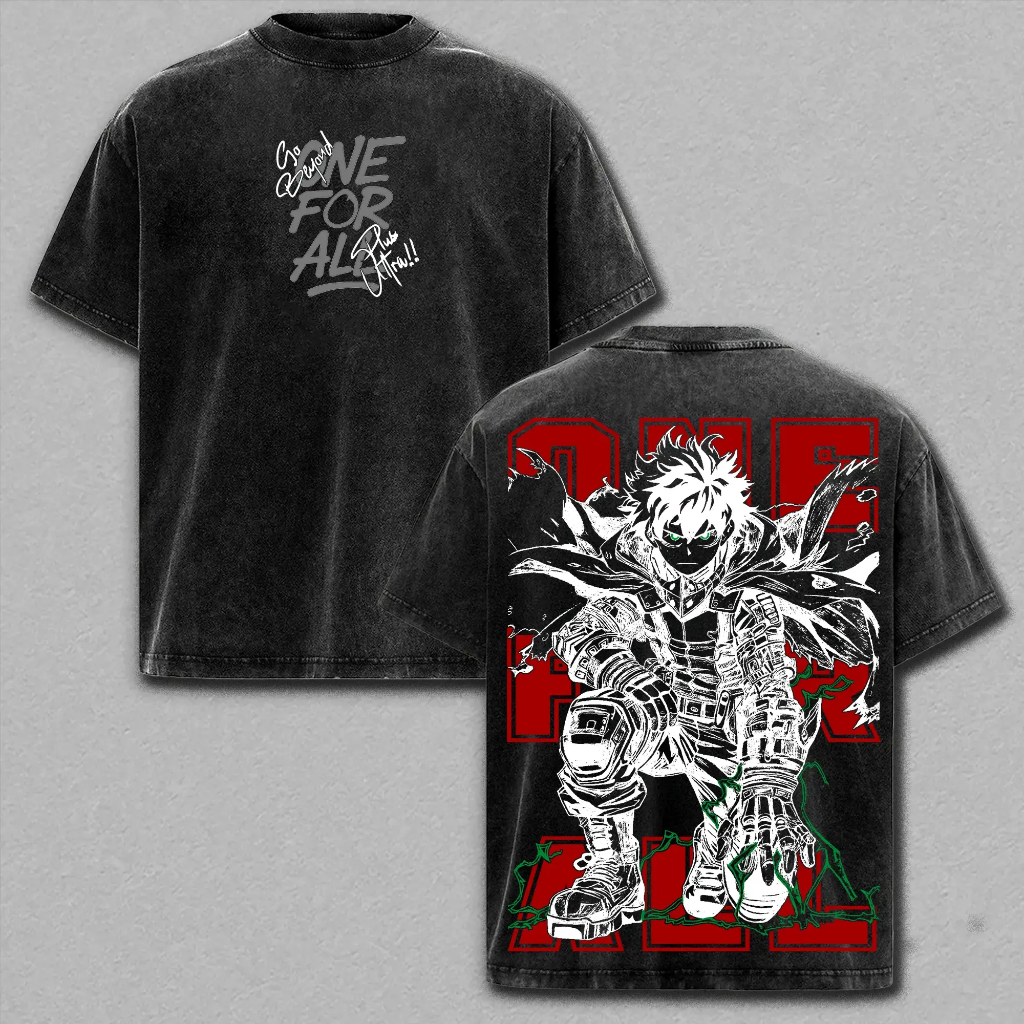 Deku 1 For All Vintage Washed Oversized Men's Cotton T-Shirt - Soft My Hero Academia Graphic Tee, Izuku Midoriya Retro Streetwear, Y2K Cosplay Apparel, Shonen Manga Otaku Gift for MHA Fans (Unisex Fit)