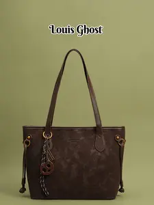 Tote Bag | Large Capacity Vintage Shoulder Bag with Geometric Charm | Designer Custom Textured Faux Leather Handbag | Trendy Retro Casual Satchel | Elegant Work & Travel Purse | Spacious Minimalist Tote with Braided Rope Accent