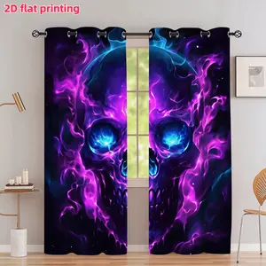 2D Flat 2Pcs Flaming Skull Printed Curtain Panel, Purple Fire Skeleton with Glowing Blue Eyes, Grommet Top, Semi Sunshade, Suitable for Home Living Room Bedroom Study Window Decoration, Accessory, Anti Privacy.