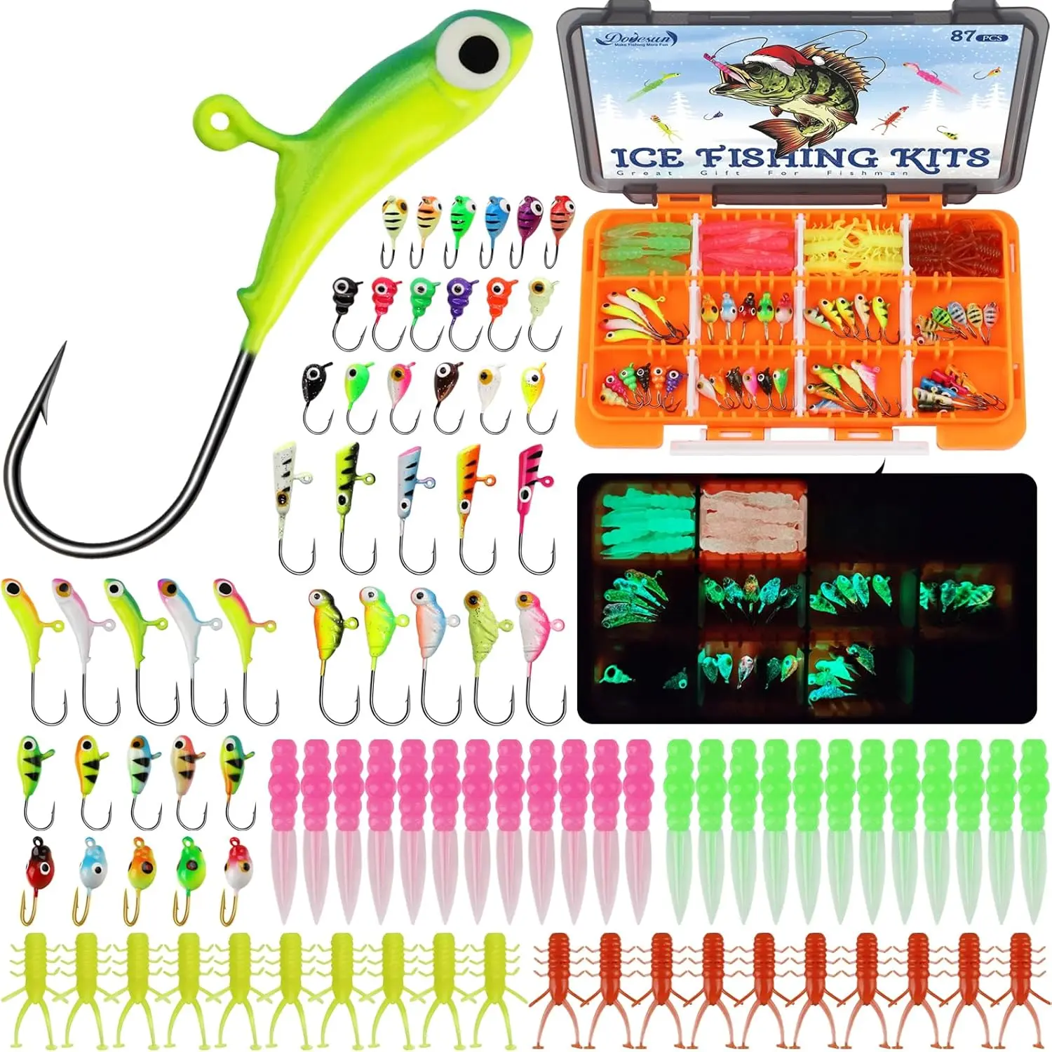 Dovesun Ice Fishing Jigs Lure Set, 87/93Pcs Tackle Kit with Glow-in-the-Dark Ice Lures, Soft Baits, Jig Heads for Walleye, Fishing Kits, Ice Fishing Accessories