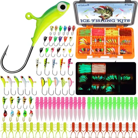 Dovesun B-93pcs/87pcs Ice Fishing Tackle Kit - Artificial Lures, Soft Baits, Multi-Size Jig Heads, Glow-in-Dark Fish Attractor Light Gear, Easy Visibility Reflective Eyes, Adjustable Dividers for Walleye Outdoor Accessories