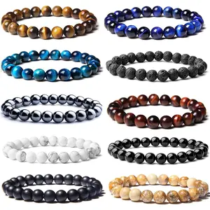 10 Pcs 8mm Bead Bracelets Round Beaded Stretch Bracelet for Men Women Tiger Eye Lava Rock Howlite Healing Stone Unisex Jewelry Gift