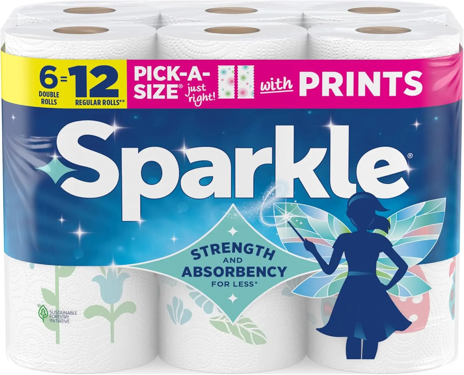 Sparkle 2-Ply Pick-A-Size Paper Towels, Spirited Print, Multi-Use Eco-Friendly Strong Wipes for Kitchen Supplies, Office, Study, 6 Double Rolls (660 Total Sheets)