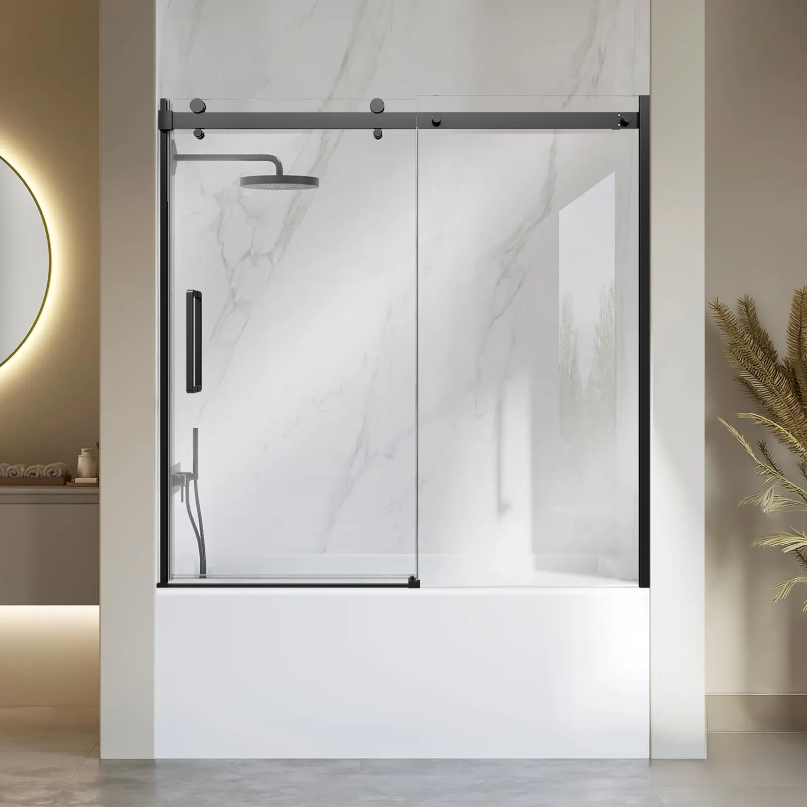 VEVOR Semi-Frameless Sliding Tempered Glass Shower Door, 60" W x 60" H, 5/16" Thick Glass, 2 Stainless Steel Grip Handles, Nano Coating, Leakproof Waterproof Seal, Black Modern Bathroom Tub Fixture, Tempered Glass Doors, Glass Shower Doors,home decor