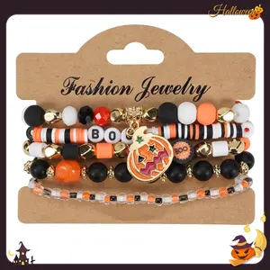 Festive Soft Clay Halloween Bracelets with Pumpkin And Ghost Charms - Perfect for Everyday Wear And Parties Multi-Layer Crystal Stackable Beaded